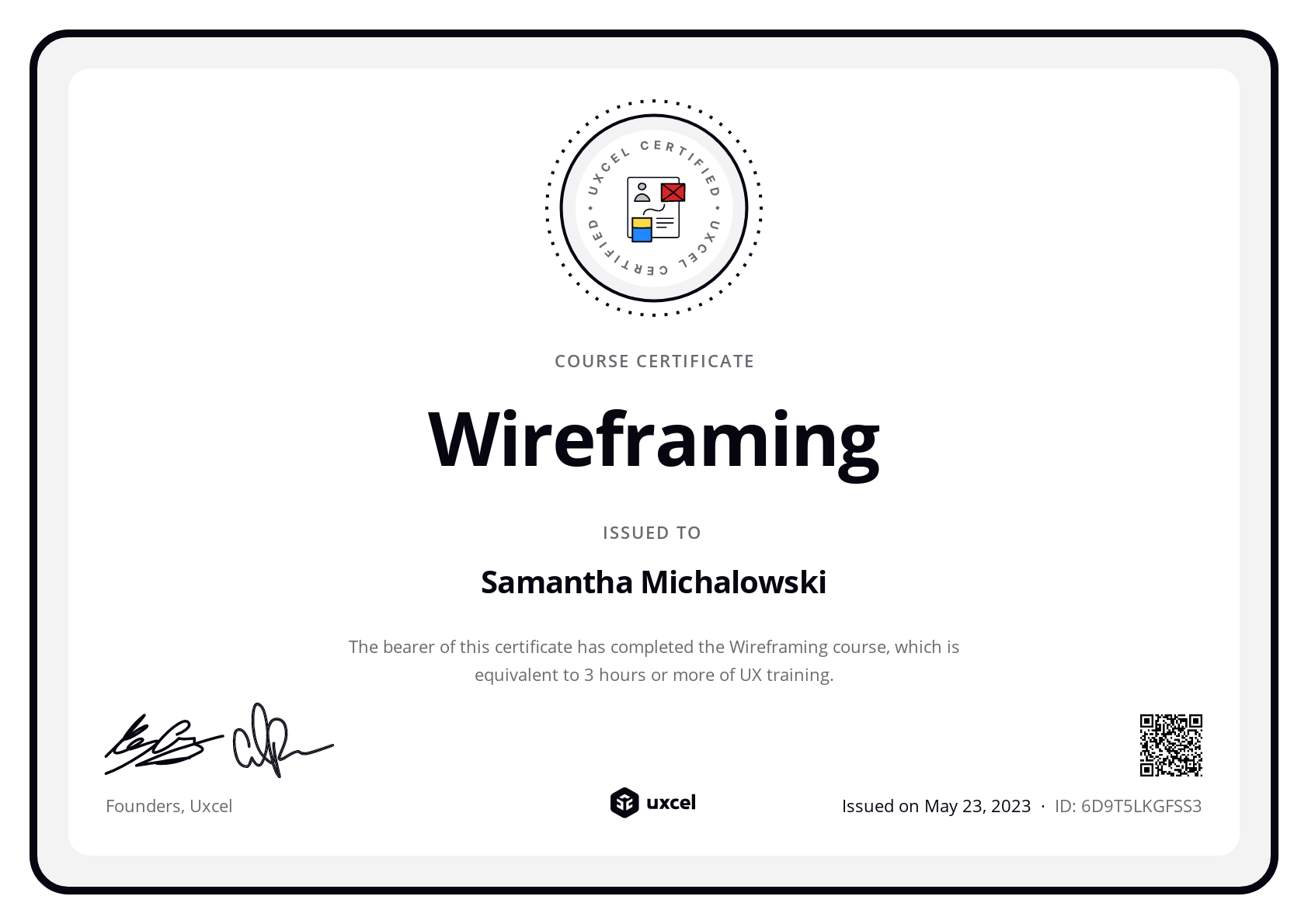 Samantha Michalowski's certificate